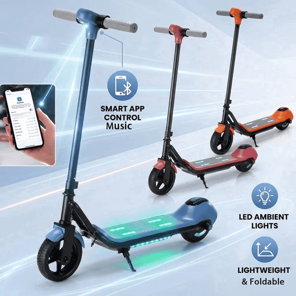 Electric Scooter with Bluetooth Music & Rainbow LED Lights, 3 Speed Modes (Max 9MPH), 110W Powerful Motor E-Scooter for Ages 6-12, Safety Electronic Brake, Best Birthday Gift for Boys & Girls,Blue
