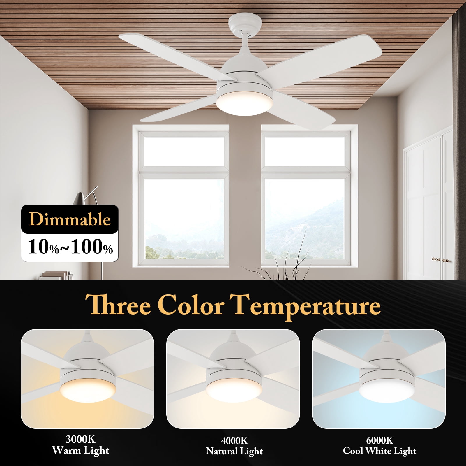 Warmiplanet 48" 4-Blade Matte White Ceiling Fan - 3 Speeds, Dimmable Brightness, Remote Control, Dual-Color Blades,