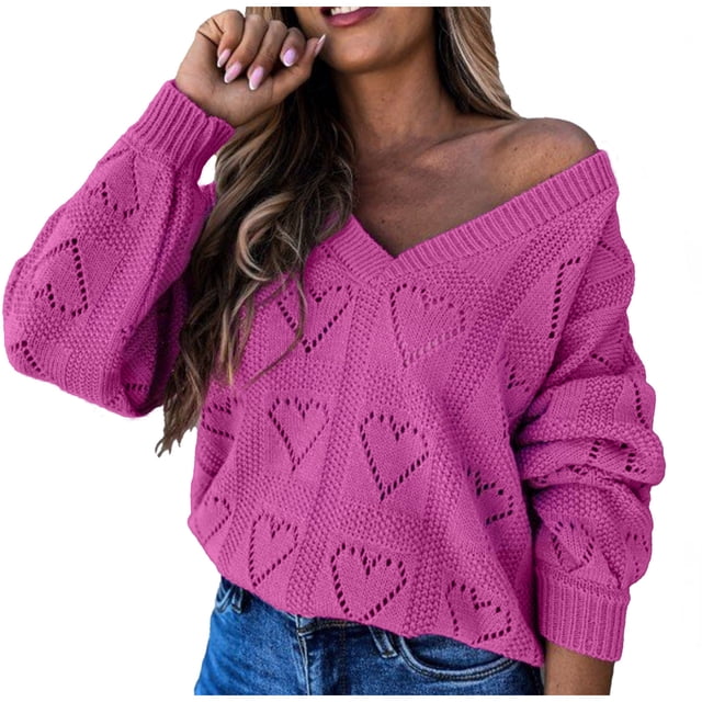 Qertyioot Chandails Tricotés pour Femmes, Mode d'Hiver Décontractée à Manches Longues, Chandail en Tricot Uni Ajouré