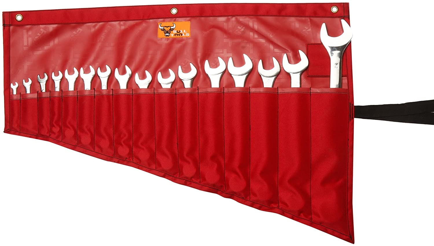 Bull Tools 16 Pocket | Hand Crafted | H.W. PVC Laminated Water Proof | 18 Oz. Ballistic Polyester Oxford Canvas | Garage Ready | Metric or SAE | Wrench and Tools Bag Organizer Roll Up Pouch | Red