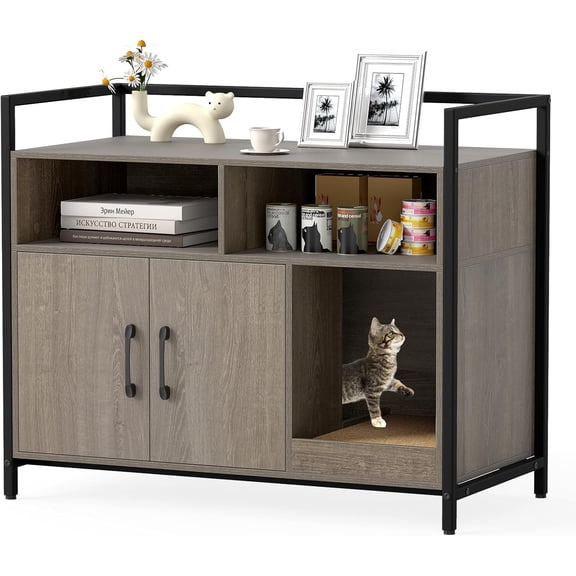 RONG-3 Cat Litter Box Enclosure - Cat Washroom Hidden Furniture with Front Entry, Scratcher, 2-Door Storage Cabinet, 2 Compartments, Air Vents, Metal Frame, Wooden Pet Crate House ,Oak Gray