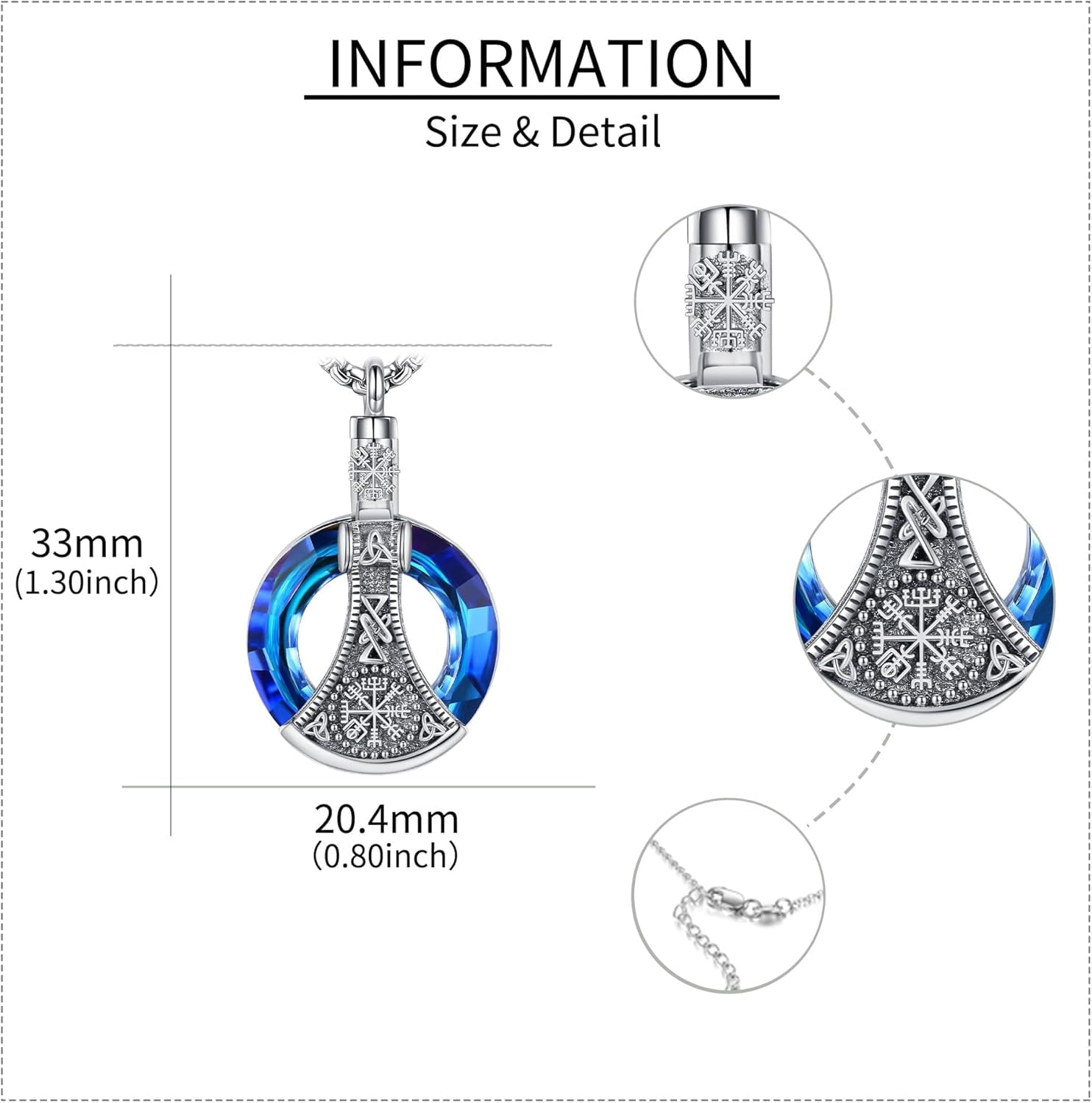 Urn Necklace for Men Sterling Silver Viking Axe Urn Necklace with Crystal Urn Keepsake Memorial Jewelry for Men