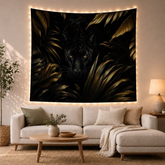 Front Facing Portrait with Panther Emerging Arrangement, Mystical Fantasy for Space Lovers, Aesthetic Wall Decor, Mother'S Day Gift, Tapestry Wall Hanging for Dorm and Living Room