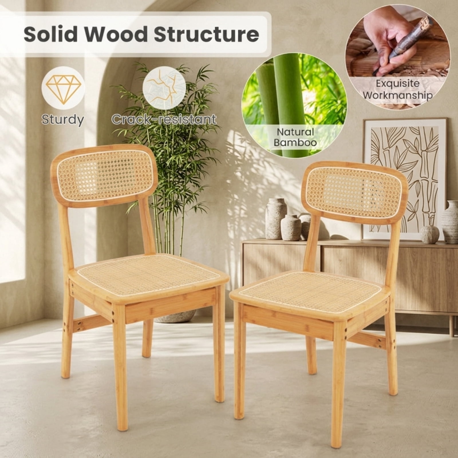 Furnibear Rattan Dining Chairs Set of 2 with Hollow Out Backrest and Wooden Legs Natural