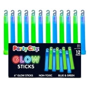 Party City 6 inch Blue & Green Glow Sticks, Fiber Outdoor Light Sticks for Kids and Adults, Party Supplies 12 Pack