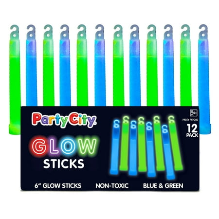 Party City 6 inch Blue & Green Glow Sticks, Fiber Outdoor Light Sticks for Kids and Adults, Party Supplies 12 Pack