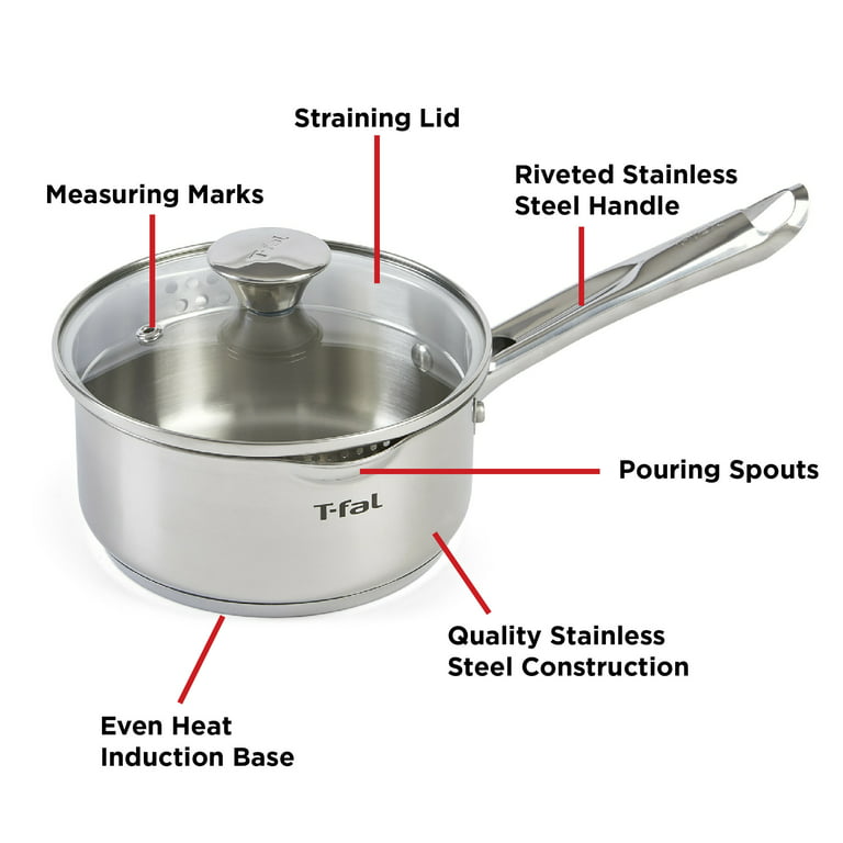 T-Fal Cook & Strain Stainless Steel Cookware, Saucepan with Lid, 1.5 Quart