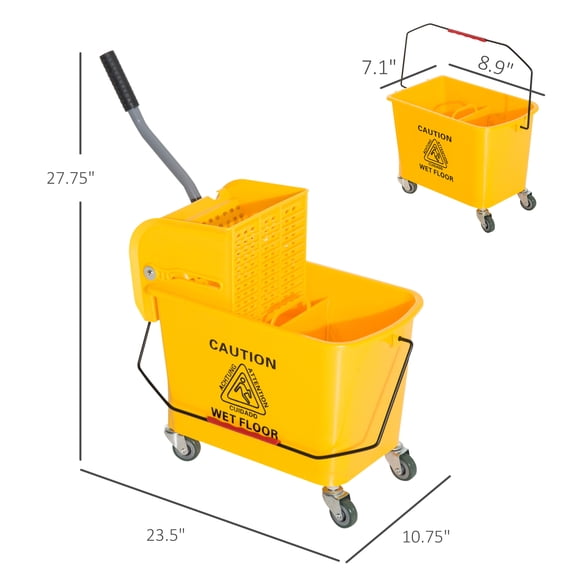 (Huayusheng)--Compact Mop Bucket with Wringer, Mop Bucket on Wheels, 21 Quart, Separate Dirty and Clean Water, Yellow**--（ tghf';[]\）