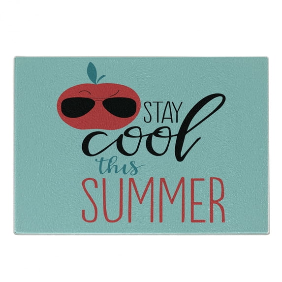 Stay Cool Cutting Board, Funny Stay Cool This Summer Text and Apple Sunglasses, Decorative Tempered Glass Cutting and Serving Board, in 3 Sizes, by Ambesonne