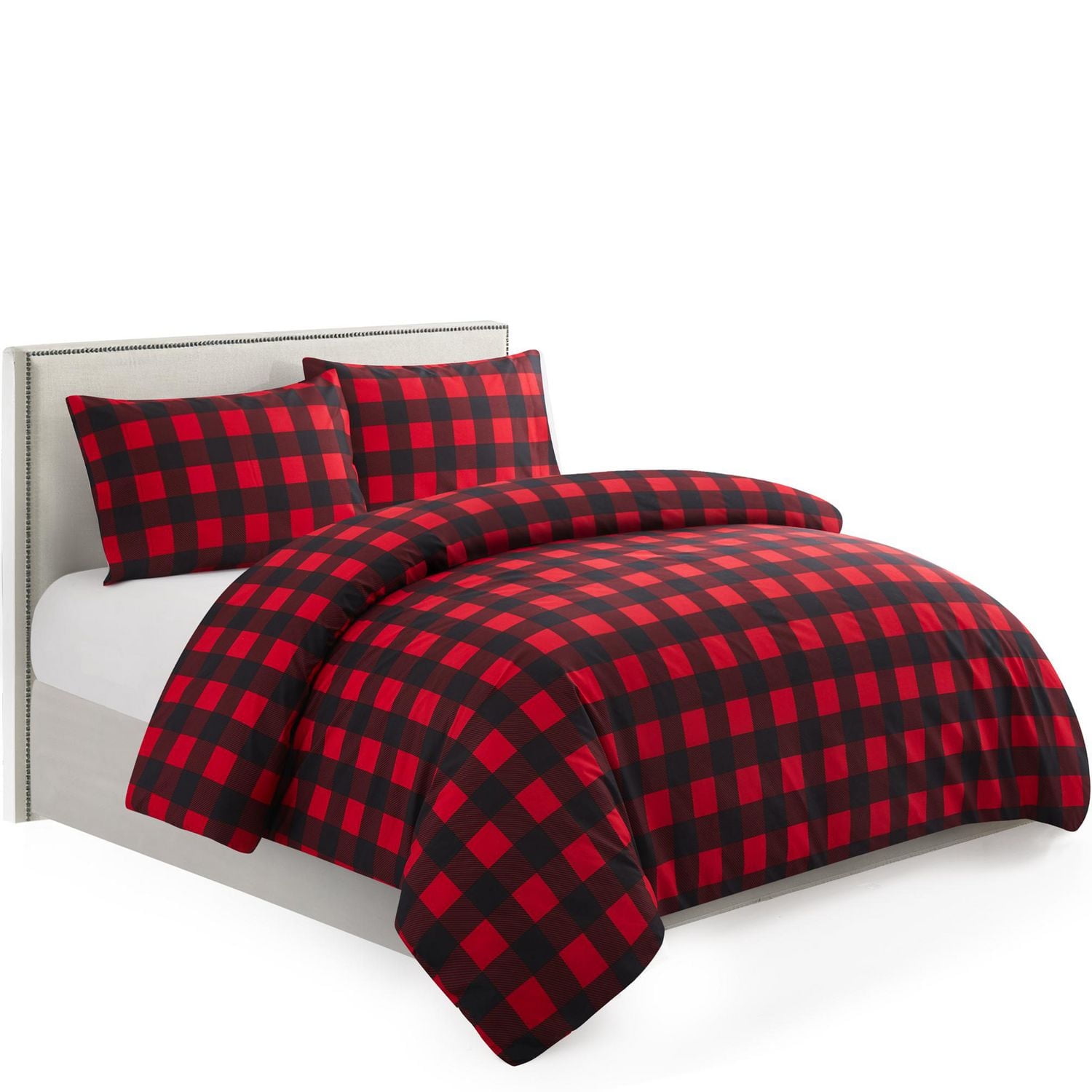 Marina Decoration Ultra Soft Silky Rich Printed Rayon from Bamboo All Season Duvet Cover Fitted Sheet Ensemble Bedding Set with Zipper and Corner Tie, Red Black Plaid Pattern