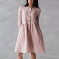 thumbnail image 2 of LYXSSBYX Fall Dresses for Women Long Sleeve Fashion Casual Round Neck Button Long Sleeve Cotton Linen Knee-High Dress Pocket Solid Dresses, 2 of 5