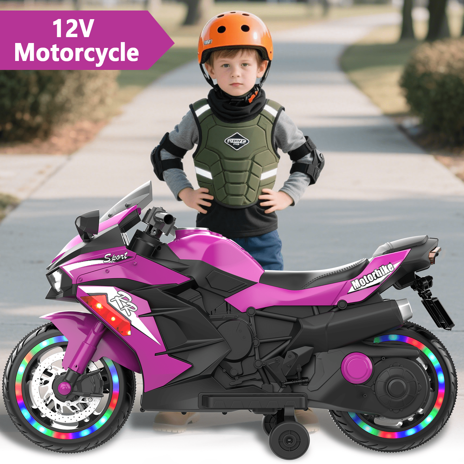 TaTee 12V Kids Electric Motorcycle, Battery Powered Ride-On Toy with Training Wheels for Boys & Girls Ages 3-6, Bluetooth Music & LED Lights, Purple