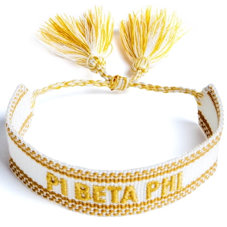 Sorority Shop Pi Beta Phi Bracelet — Woven Bracelet, White and Gold Design with ACO Sorority Name and Tassels, Greek Sorority Jewelry