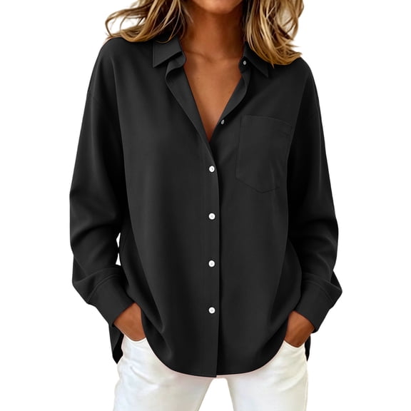Hueook Long Sleeve Denim Shirt Women Button Chambray Ladies' Casual Fashion Lapel Solid Color Button Long Sleeved Shirt with Pockets Black XL