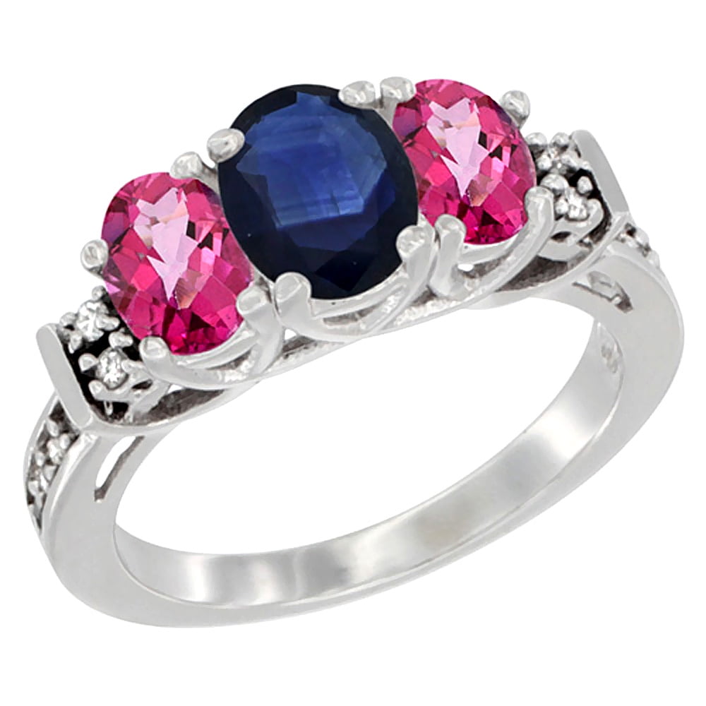 10K White Gold Natural Blue Sapphire & Pink Topaz Ring 3-Stone Oval Diamond Accent, sizes 5-10 by WorldJewels