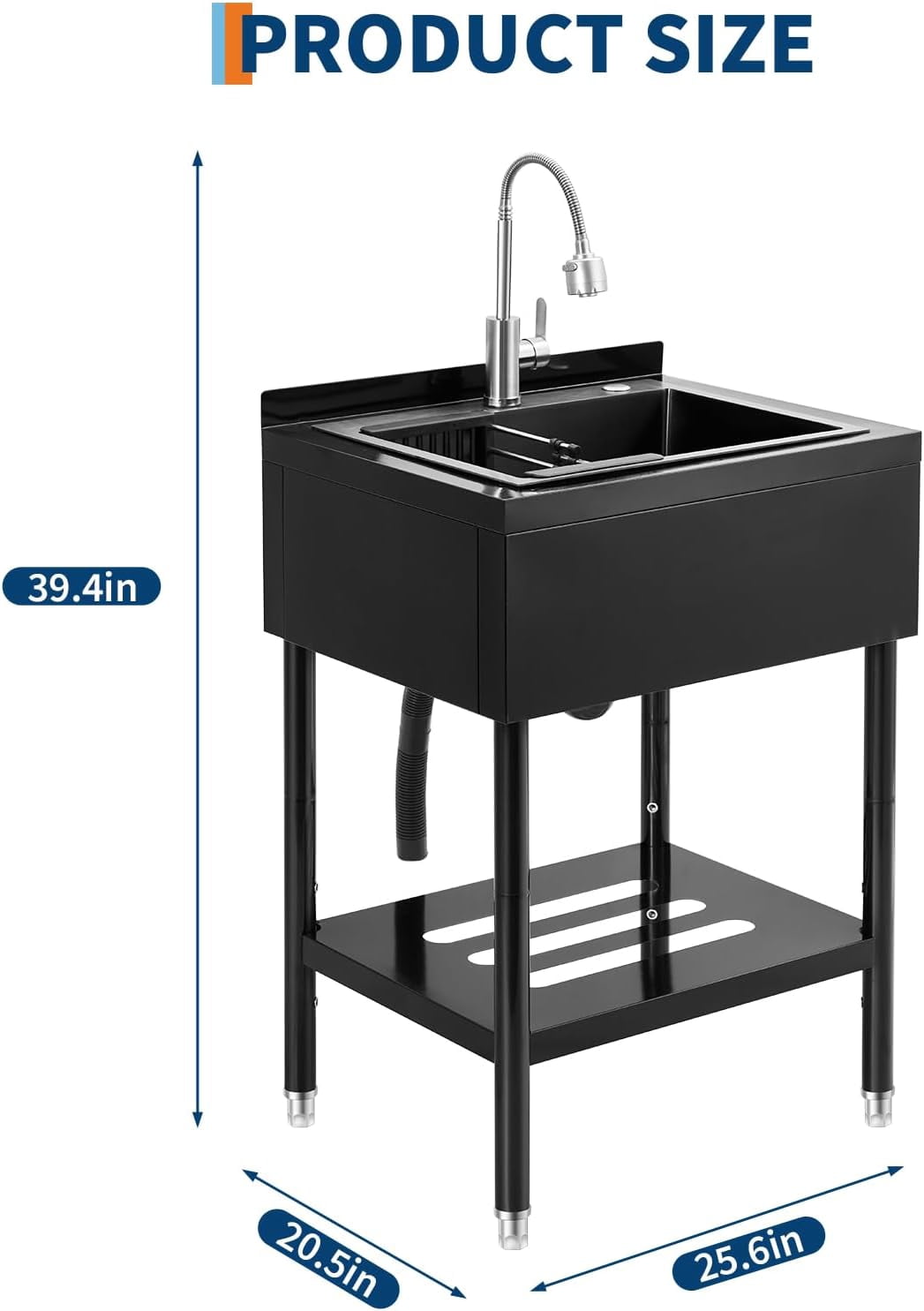 Rugerasy Stainless Steel Utility Sink,Freestanding Commercial Sink,Adjustable Leg with Hot and Cold Water Faucet,Hoses and Drain Kit,Large Laundry Tub for Kitchen,Garage,Bathroom,Outdoor Use