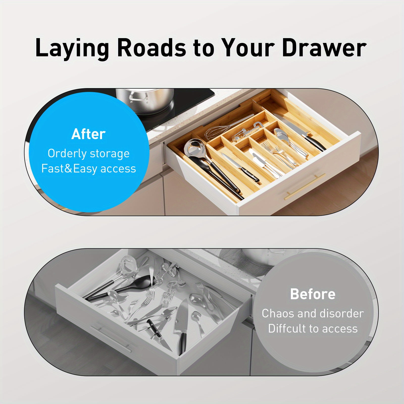 8-Grid Bamboo Expandable Drawer Organizer for Cutlery, Adjustable Wooden Tray for Knives, Forks & Spoons, Lightweight Kitchen, Kitchen Drawer Organizer, Utensil Drawer Organizer
