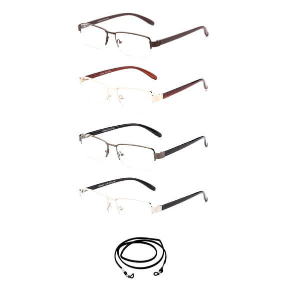 4 Pairs - "Algebra" Squared Half Frame Metal Reading Glasses with Landyard, +2.50