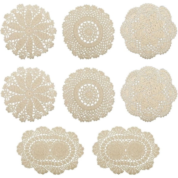 8Pcs 4 Styles Cotton Lace Doilies Crochet Oval Round Handmade Flower Table Placemats Vintage Small Crocheted Coasters Place Mats for Wedding Tea Party Table Decor Dining Room Cup Beige DIY