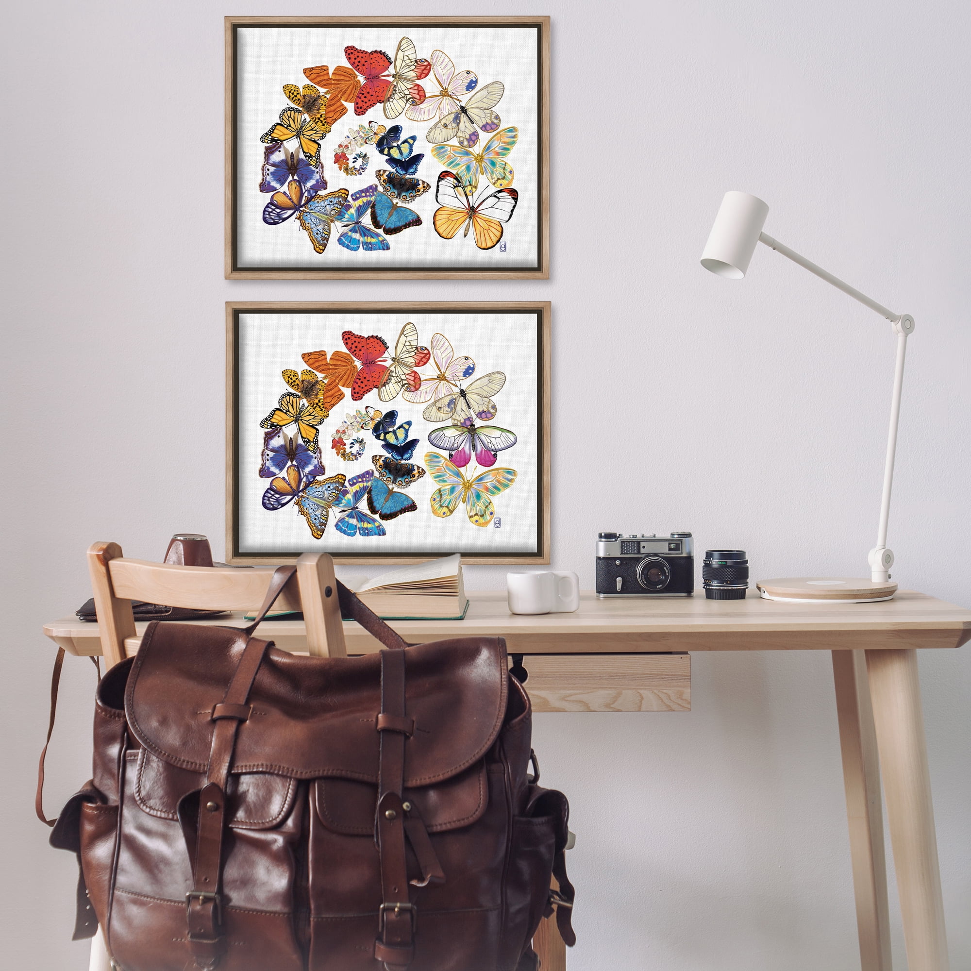 Stupell Industries Fly Away Butterfly Spirals Animals Painting Brown Floater Framed Canvas Art Print Wall Art, 31 x 25, Set of 2