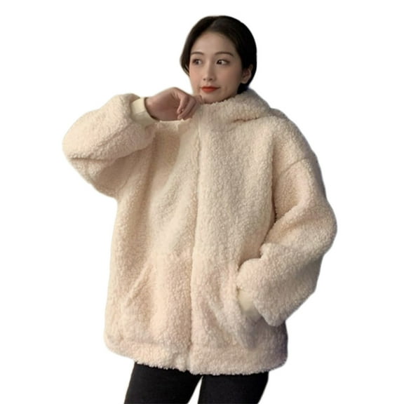 Yokua Women Winter Long Sleeve Faux Fur Hoodies for Jacket Kawaii Bear Ears Zip Up Sweatshirt Cardigan Coat Oversized Loose Fleece Parkas Outwear with Pockets