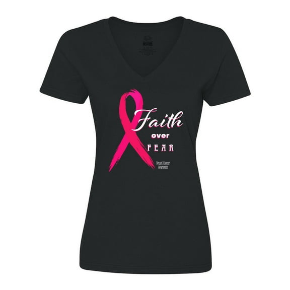 Inktastic Faith over Fear Breast Cancer Awareness with Pink Ribbon Women's V-Neck T-Shirt