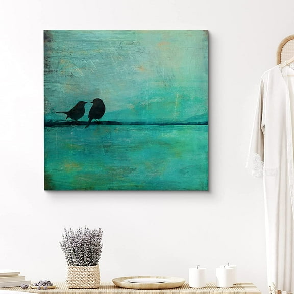PixonSign Canvas Print Wall Art Two Birds on Line Animals Wilderness Illustrations Modern Art Minimalist Scenic Colorful Green Dark for Living Room, Bedroom, Office - 24x24 inches
