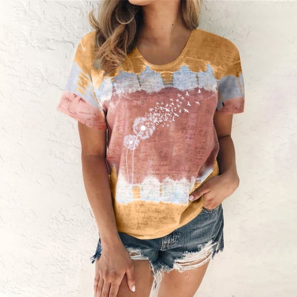 Fiudx Liquidación de Ofertas Flash Moda Mujer Verano Sexy Gradiente Impresión Regular Cuello Redondo Mujeres Manga Corta Top