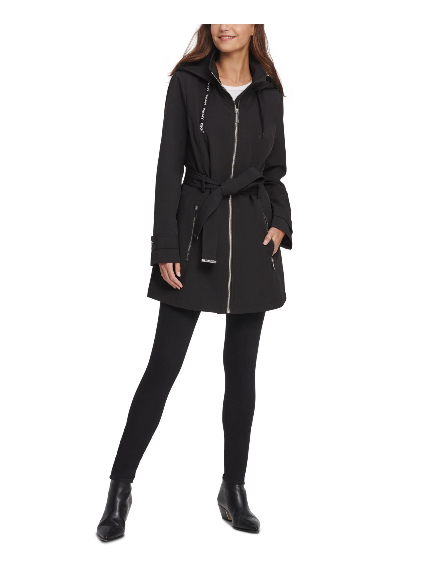 DKNY Womens Black Belted Hooded Rain 