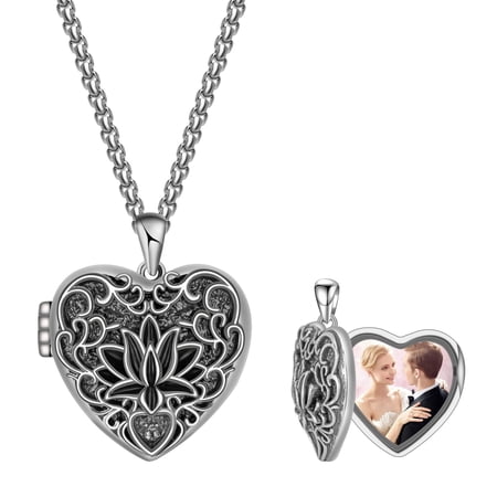 Lotus Heart Locket Necklace for Women, Vintage Silver Photo Locket with Engraved Floral Pattern, Personalized Memory Pendant Necklace for Birthday Anniversary Mother's Day Gift