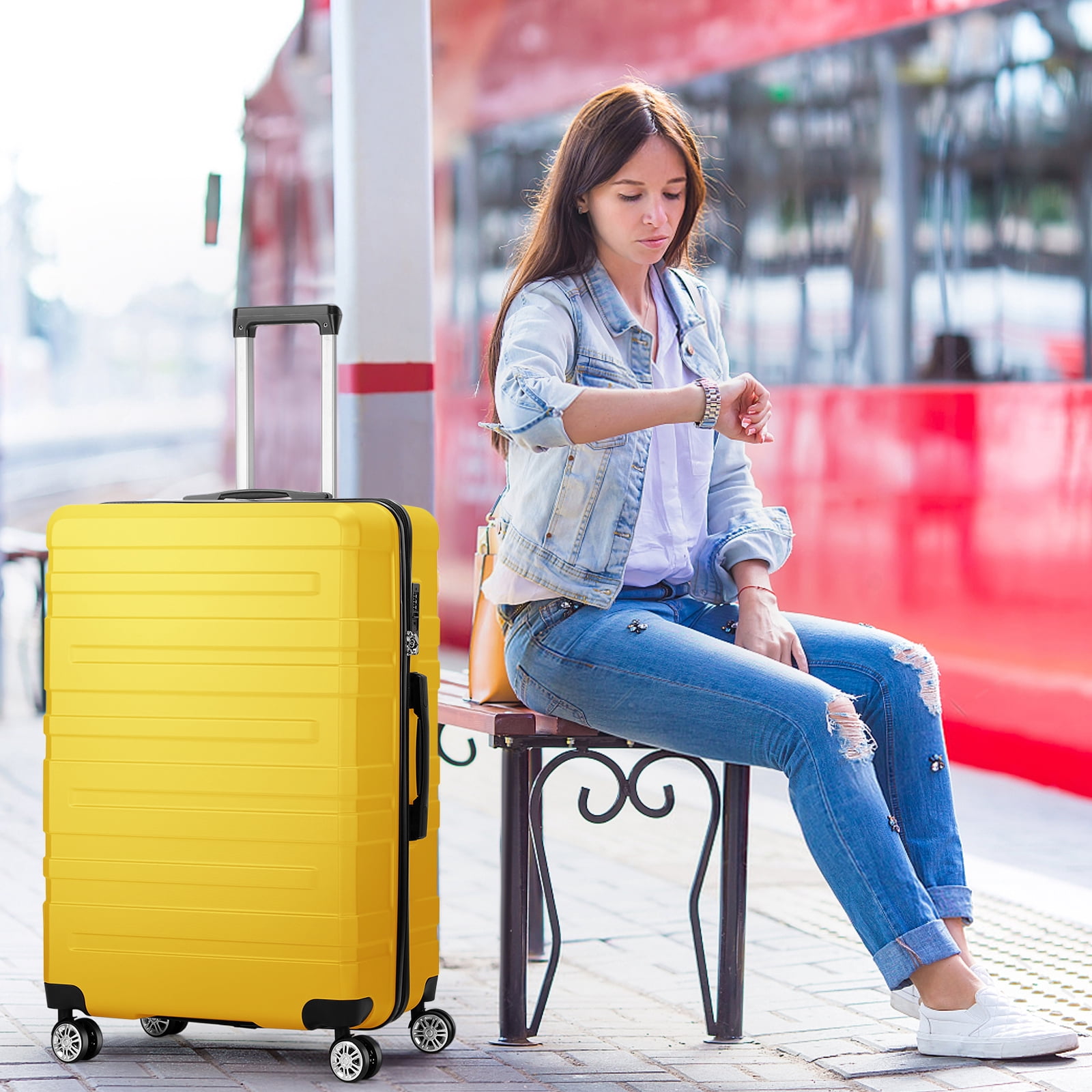 Hikolayae Luggage Sets Hardside Spinner with TSA Lock in Yellow, 3 Piece