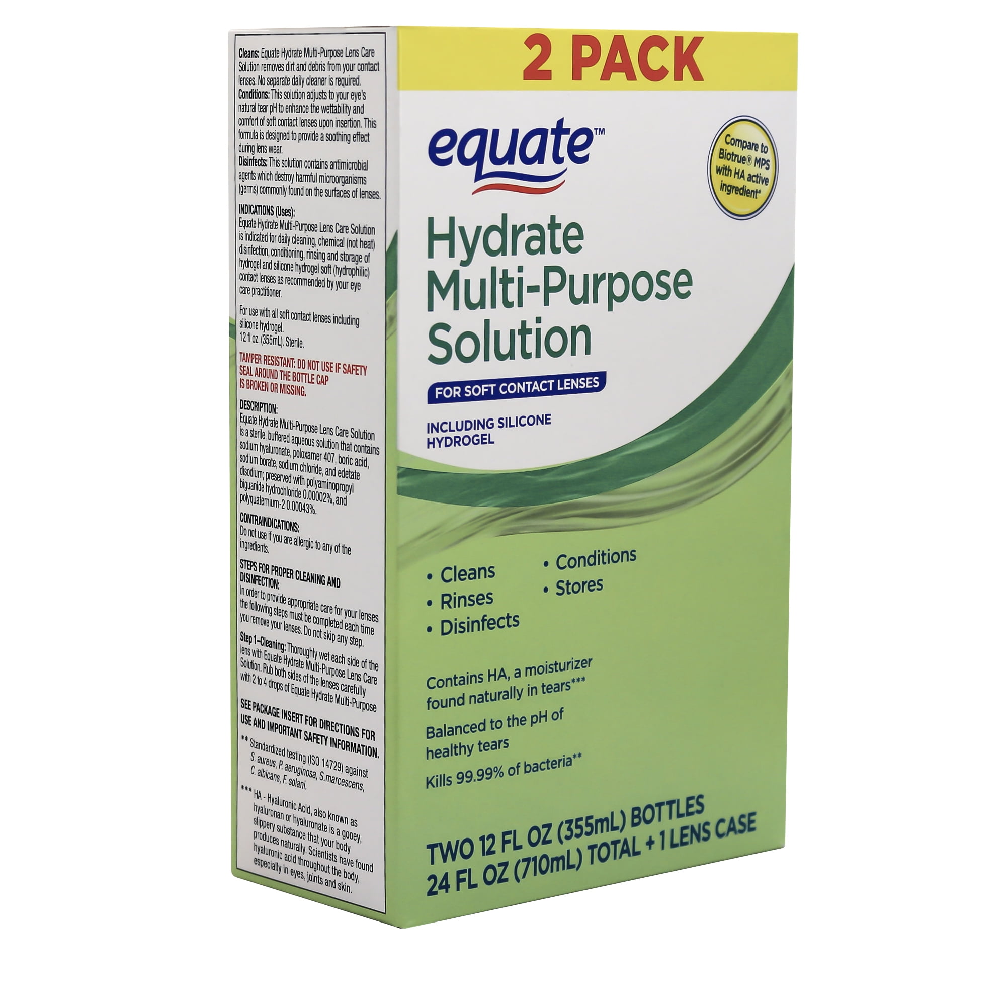 Equate Hydrate Multi-Purpose Solution Liquid for Soft Contact Lenses, 242 fl oz (2x12 fl oz) + 1 Lens Case, Compare to Biotrue® MPS with HA Active Ingredient