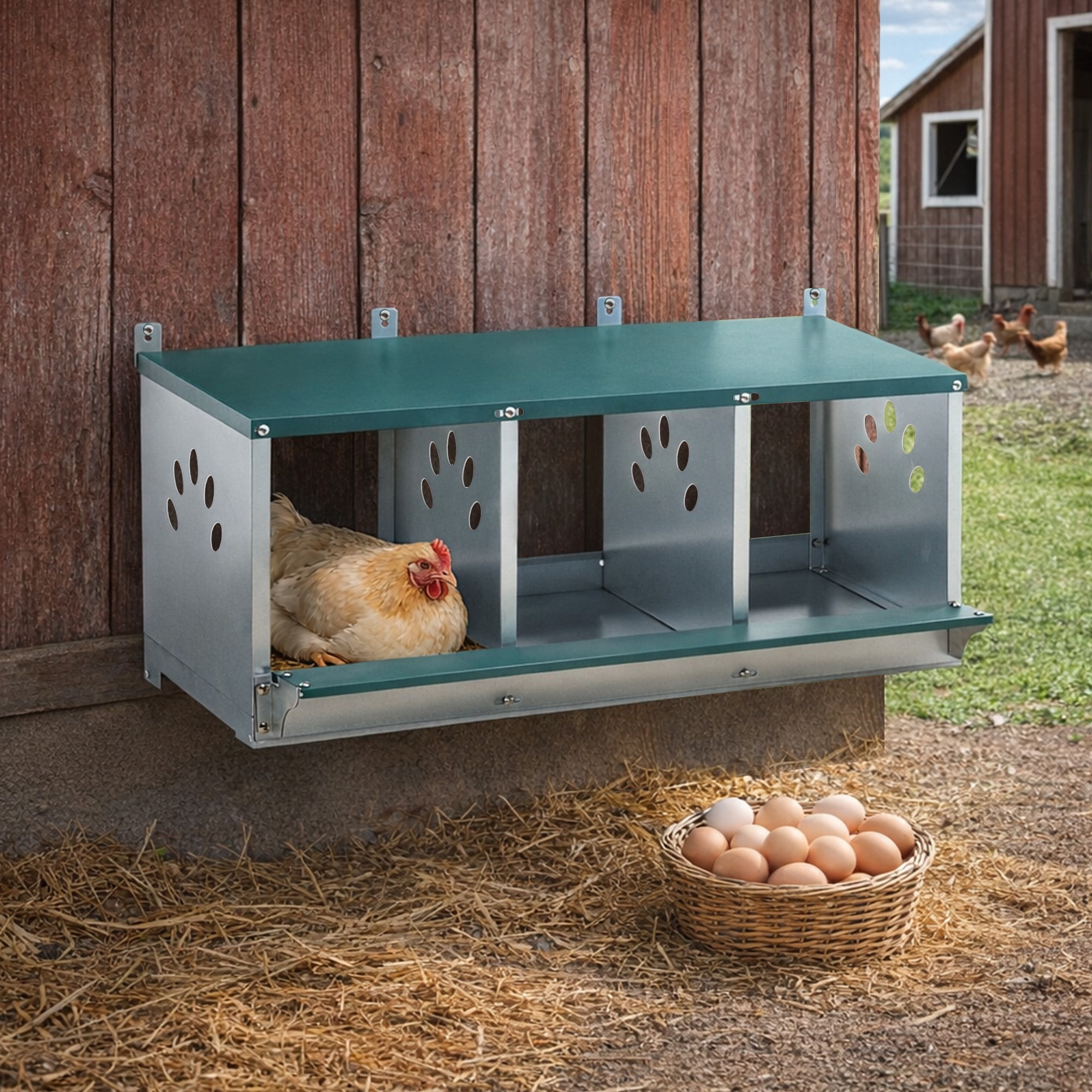 Nesting Box for Chickens, 3-Compartment Galvanized Steel Heavy Duty Metal Egg Laying Box with Ventilation Holes for Poultry Coop, Green