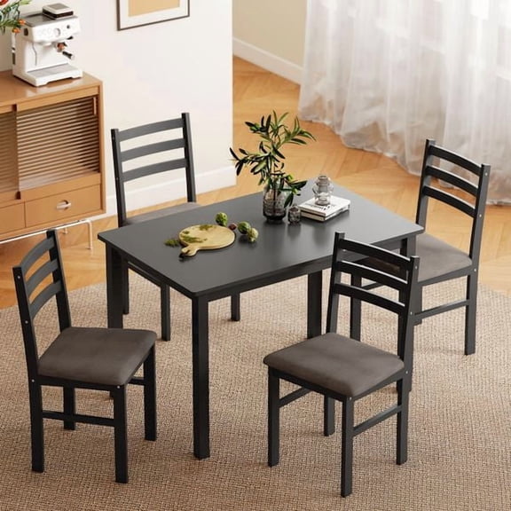 5-Piece Small Kitchen Table Set for 4, Farmhouse Dining Table Set with Upholstered Chairs and Rubber Wood Legs, Black