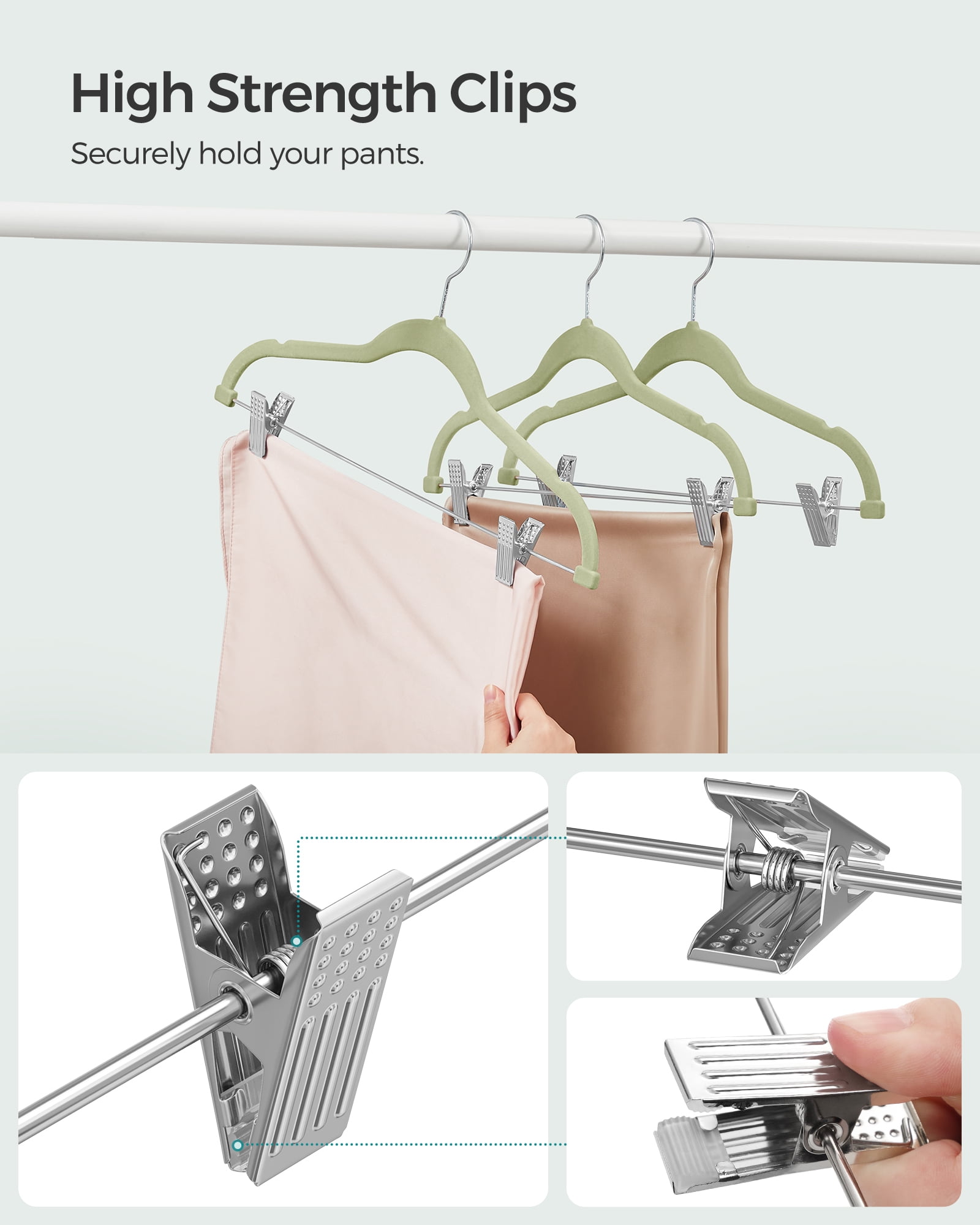 30 Packs Velvet Hangers Skirt Pants Hangers with Adjustable Clips Non Slip Space Saving Clothes Hangers for Skirts Pant Pale Green