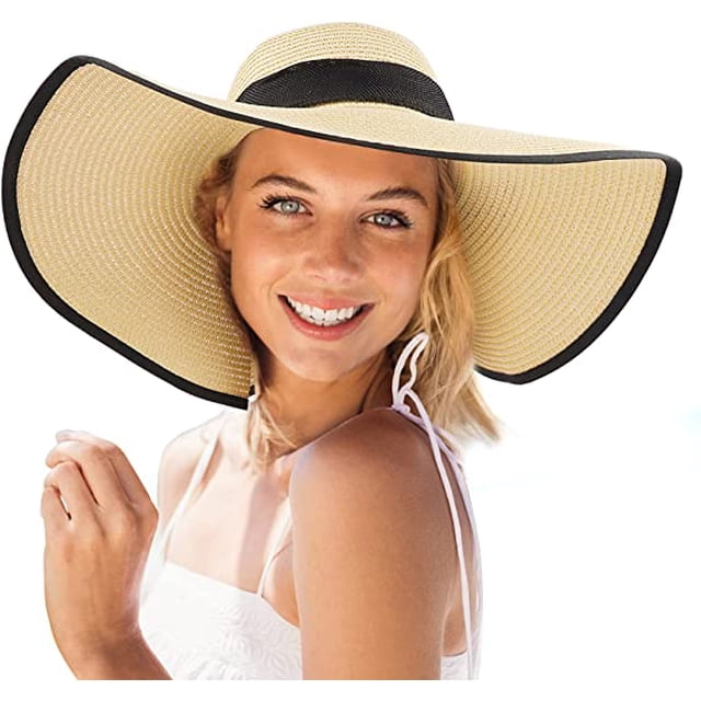 Sombrero de Paja para Mujer (55-60 cm), Sombrero de Paja de ala Ancha Grande Sombreros de Playa para Mujer Gorra Enrollable Plegable y Flexible Sombrero de Playa para Sol UPF 50+ Bowknot Fiesta