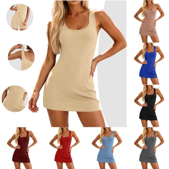 Tqcoqu Women's U Neck Sleeveless Bodycon Mini Dress with Built-In Shorts,Stretch Athletic Workout Tennis Dress with Side Pockets,Beige Women's S-XXL