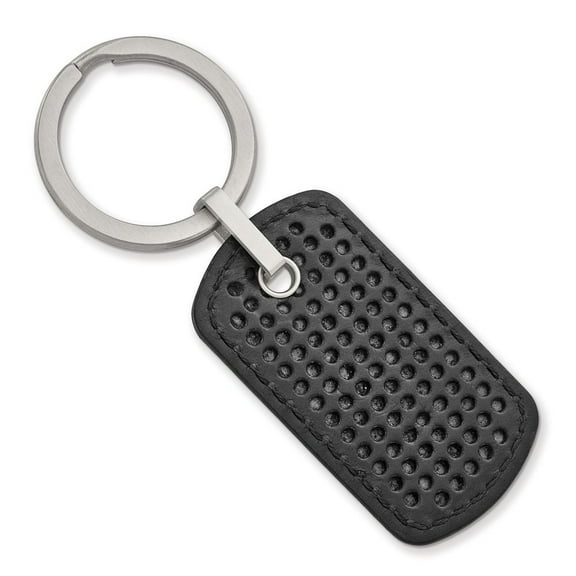 30.08mm Stainless Steel Brushed Textured Black Leather Stitched Key Ring Jewelry for Men