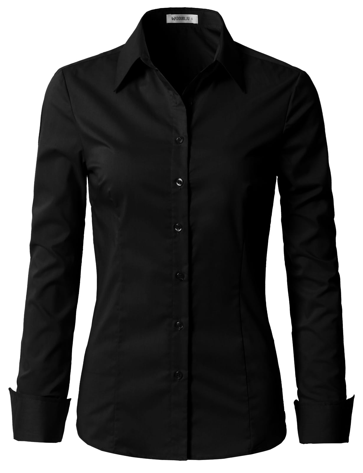 Doublju Women's Basic Long Sleeve Cotton Button Down Collared Shirt