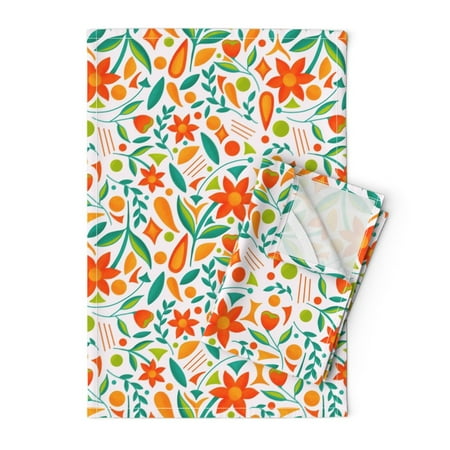 

Printed Tea Towel Linen Cotton Canvas - Flower Dream Green Orange Botanical Colorful Bright Print Decorative Kitchen Towel by Spoonflower