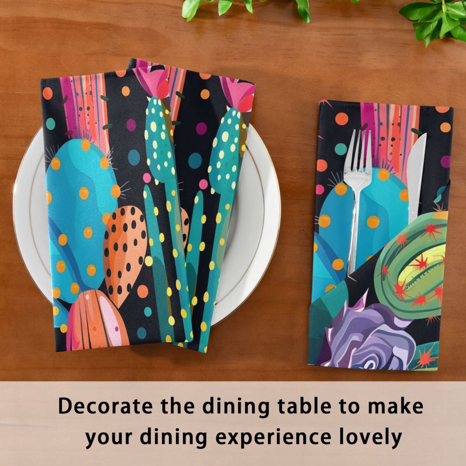 JSTEL Cactus Polka Dots Rainbow Cacti Cloth Napkins Set of 6, 20x20 Inch Washable and Reusable Napkin for Decoupage Dinner Party Everyday Use