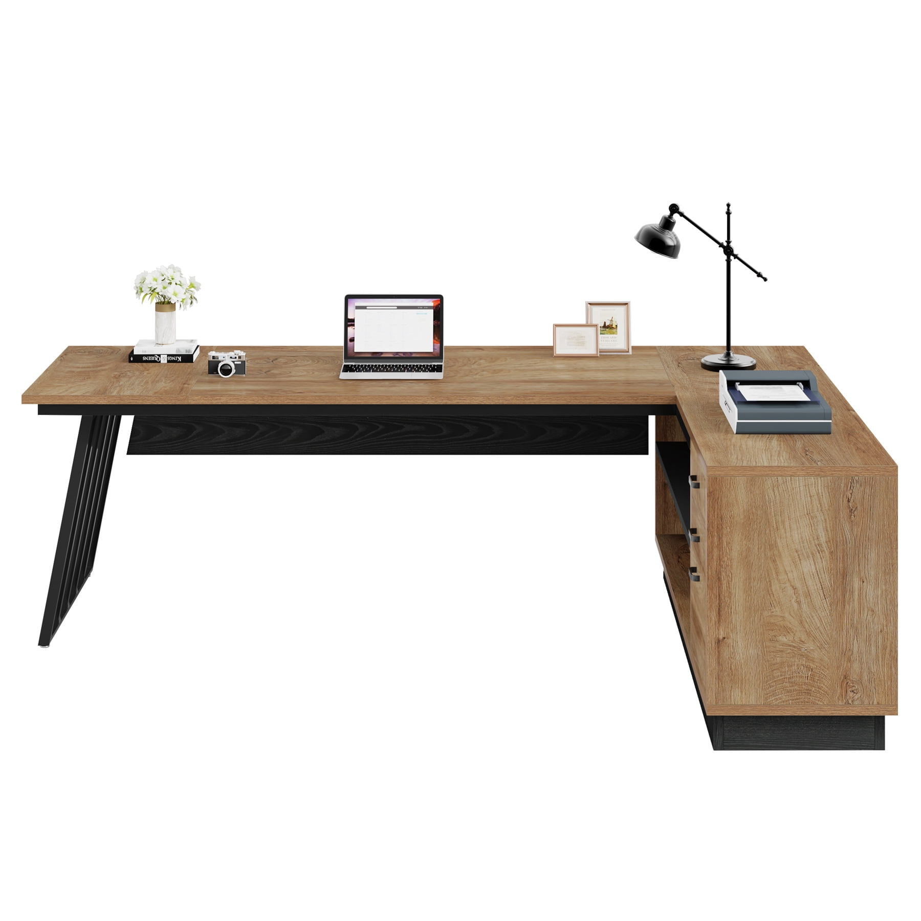 Fnova 71" L-Shaped Executive Desk with Storage Drawers and Open Shelves, Industrial Office Desk Writing Desk with File Cabinet, Spacious Corner Computer Desk for Home Office