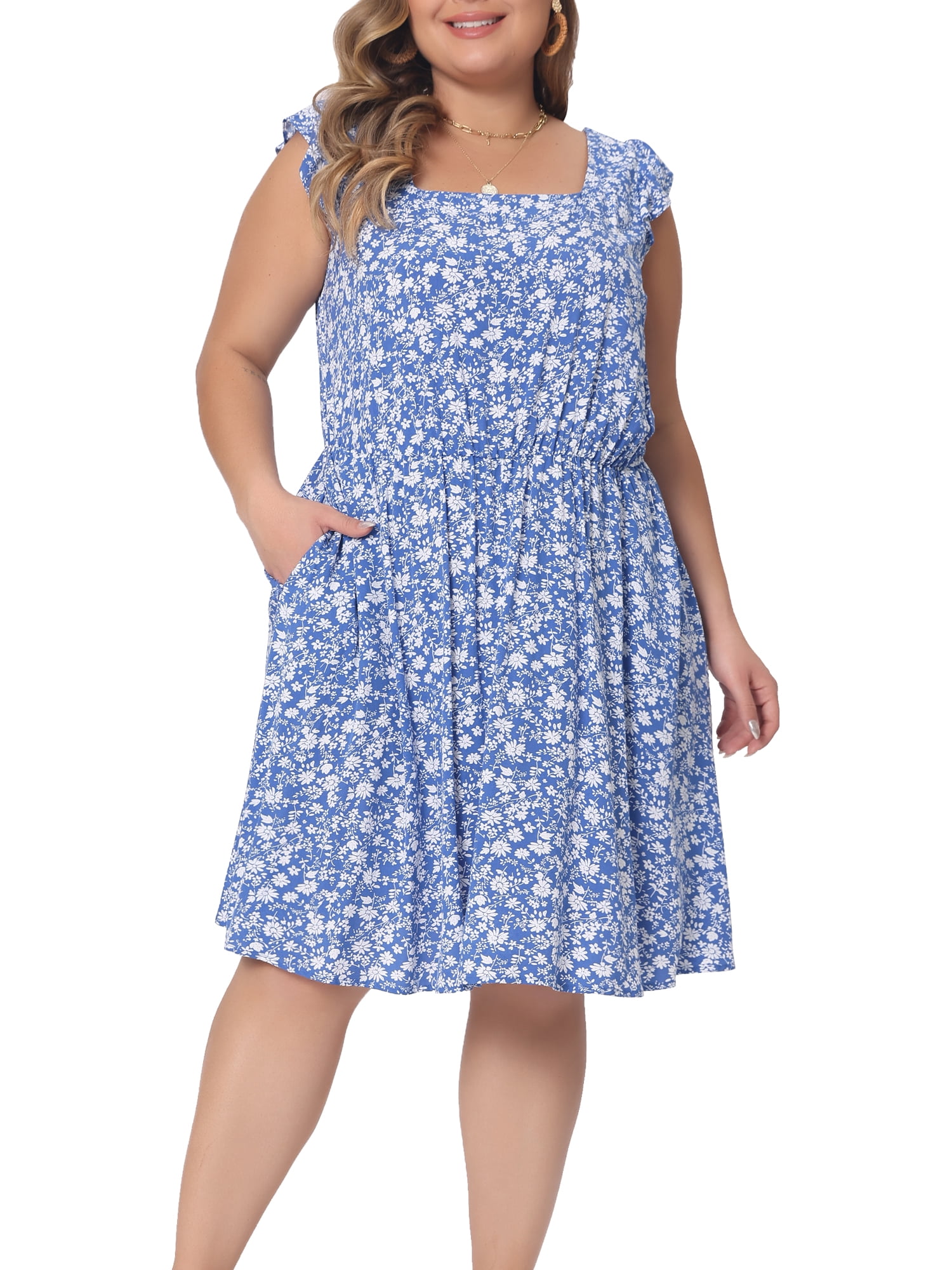 DARING DIVA Women's Plus Size Square Neck Ruffle Short Sleeve Midi Dress 4X Blue