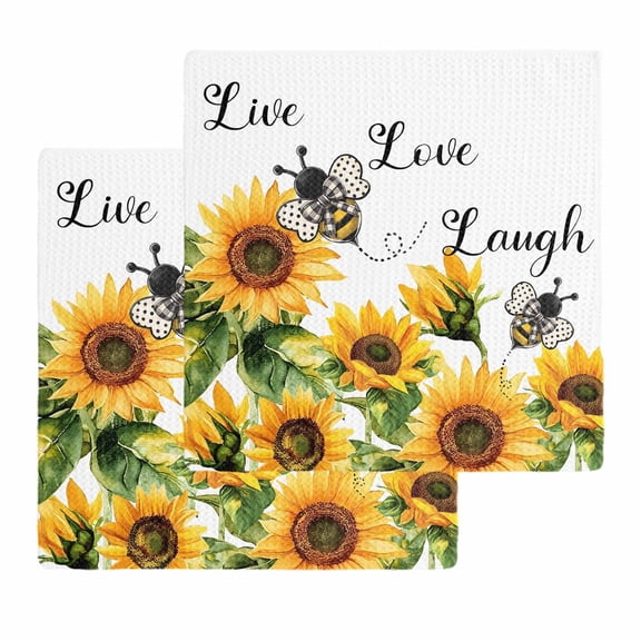 Sunflower Bee Kitchen Dish Towels for Drying Dishes Set of 2, Vintage Yellow Floral Farmhouse Watercolor Waffle Weave Microfiber Hand Tea Bathroom Towels Quick Dry & Absorbent Towel 12x12