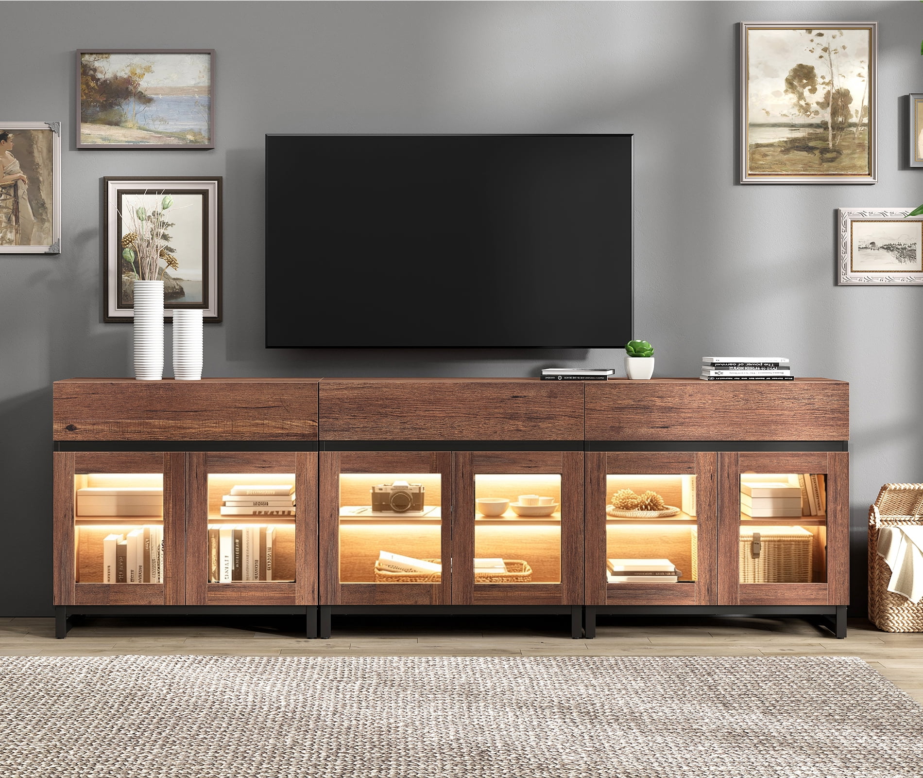 Modern TV Stand with Glass Door & Drawer, Metal Base Entertainment Console up to 100 Inch TVs, Media Console for Living Room & Bedroom,Brown