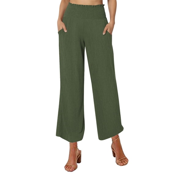REALiKUN Capri Pants for Women Casual Loose Fit Summer Elastic High Waist Trousers Cotton Linen Pants Lounge Capris