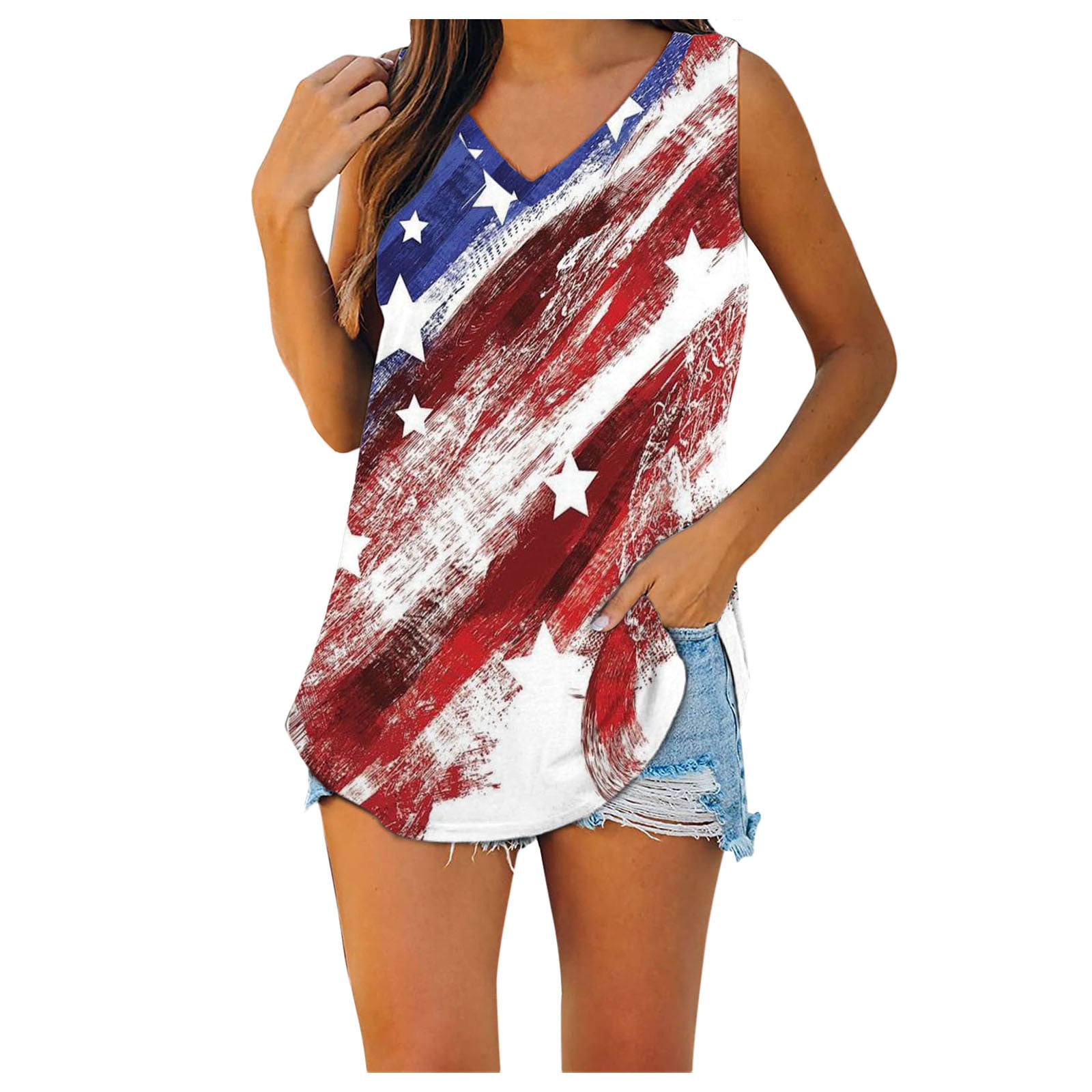 Womens V Neck American Flag Tank Tops Loose Casual Patriotic Shirts USA ...