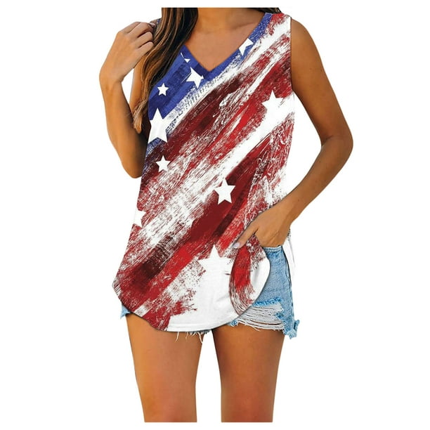 Womens V Neck American Flag Tank Tops Loose Casual Patriotic Shirts USA ...