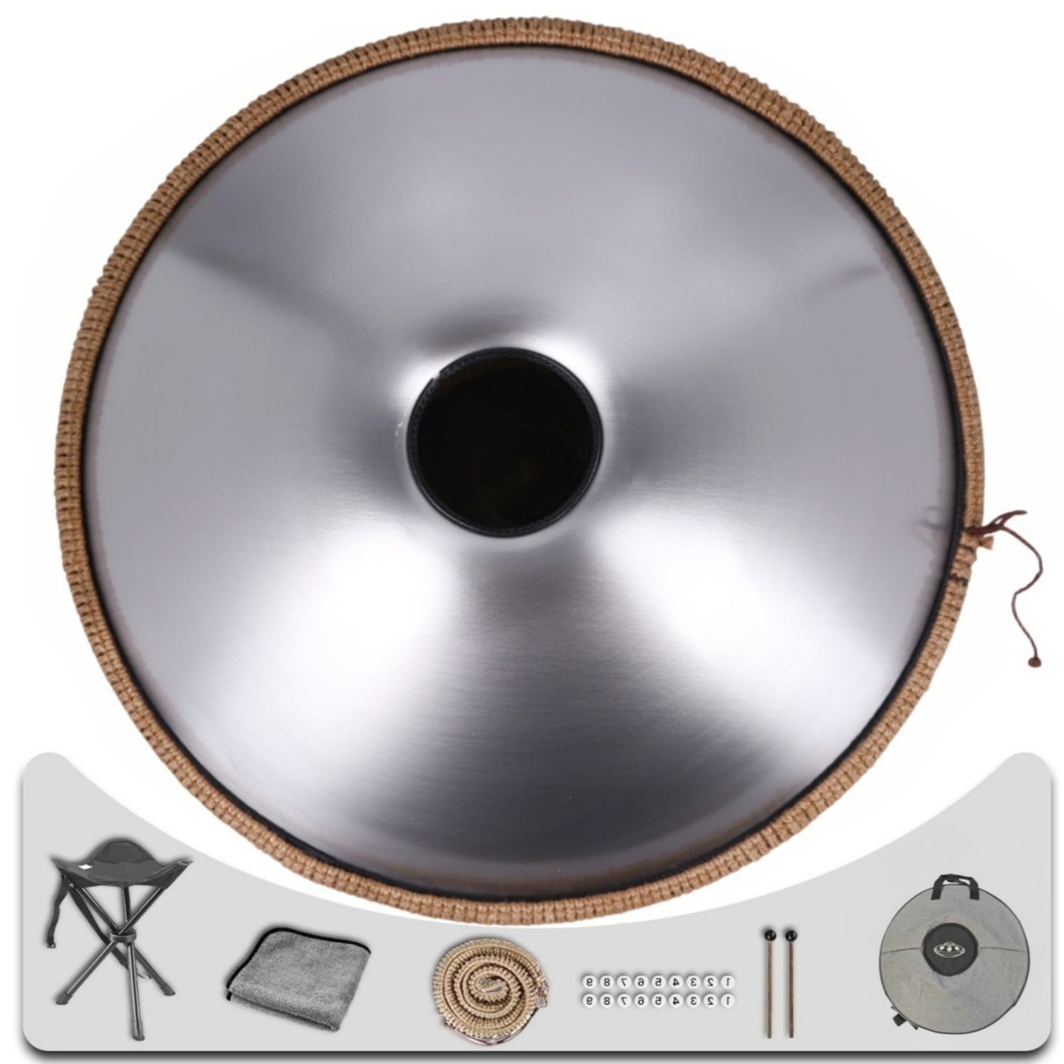 440HZ Tambourine Steel Drum in D Minor 22Inch Silver 10 Notes Mandala Handpan Percussion Drum with Soft HandPan Bag
