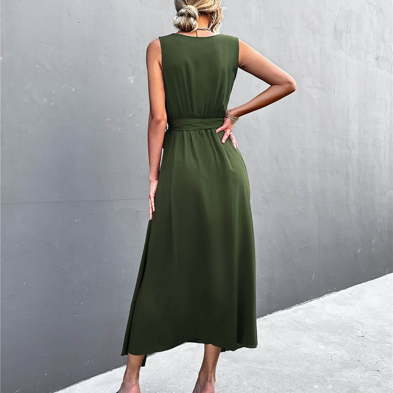Women's Dresses Clearance Sale! Sleeveless Dress For Women V Neck Solid  Dress Casual Long Dress Army Green L A29613 